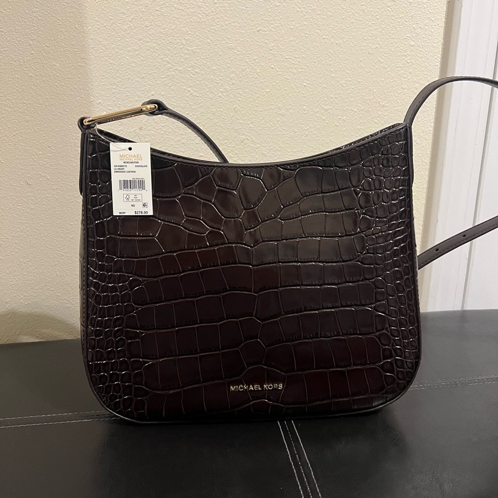 Michael Kors Dark Brown Crocodile-Embossed Shoulder Bag